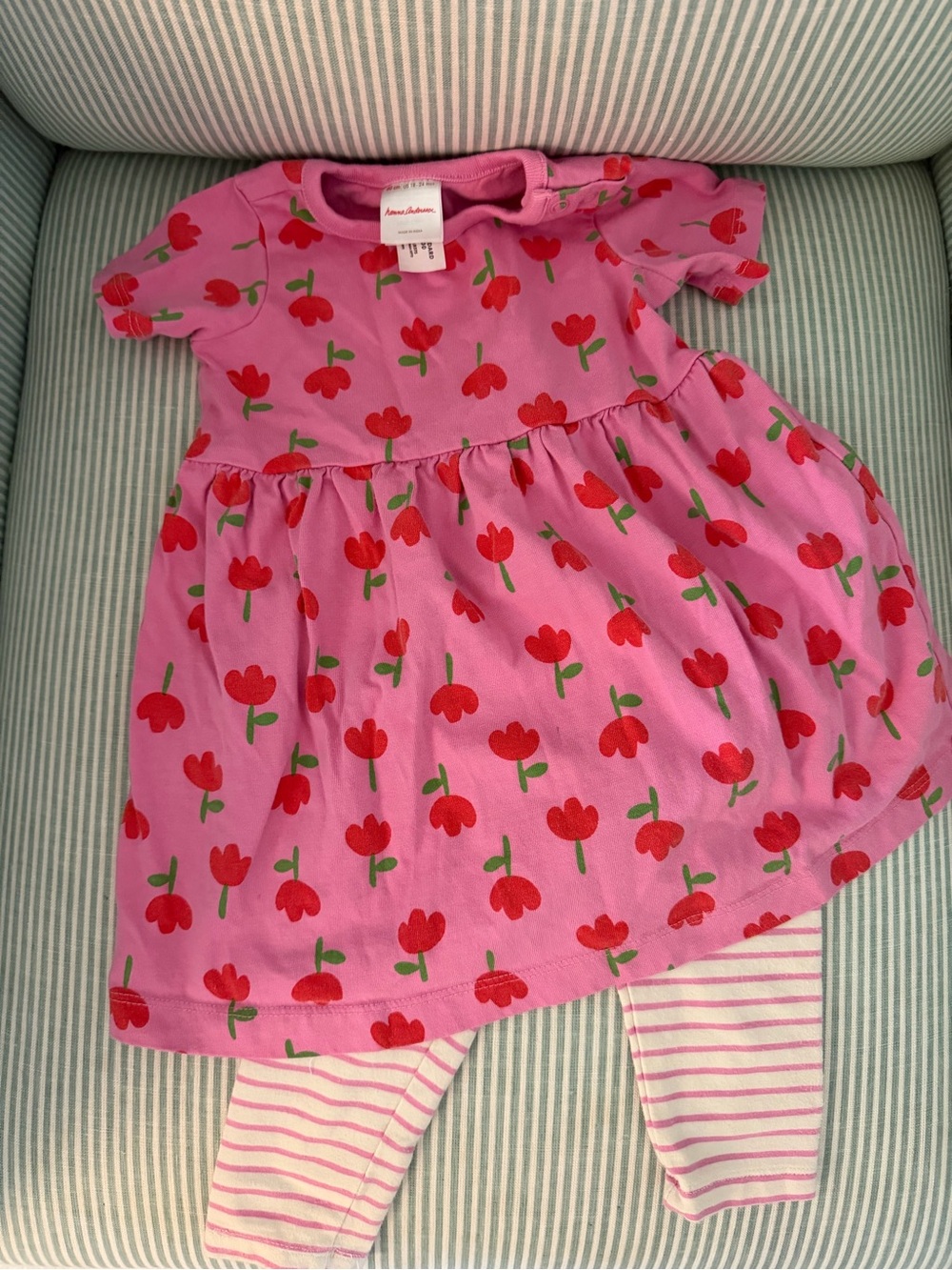 Hanna Andersson Pink Red Green Tulip Skater Dress with Striped Leggings 24M